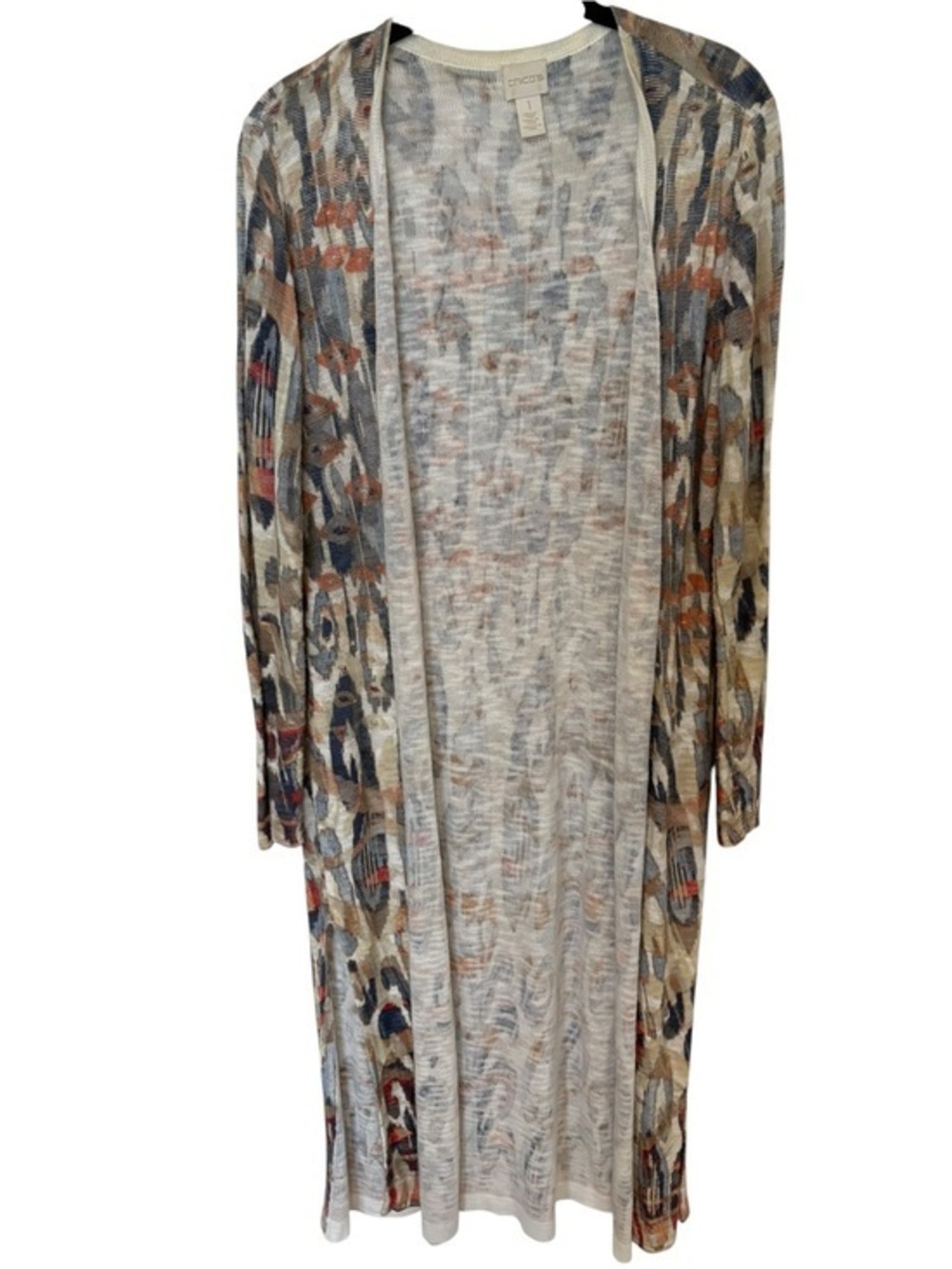 Chico's Cream Open-Front Cardigan with Navy & Rust Print